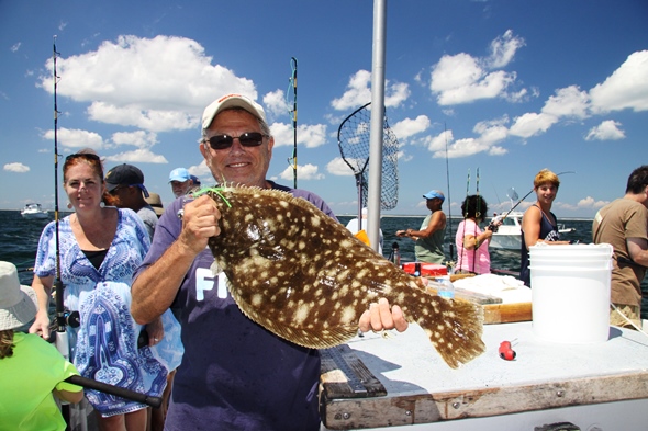 No matter the limits, anglers are free to release any fluke they want. This 7.5-pound doormat was weighted on a digital scale aboard the open boat Shinnecock Star and then released aboard the proud angler who still took home a limit of smaller fish for the table.